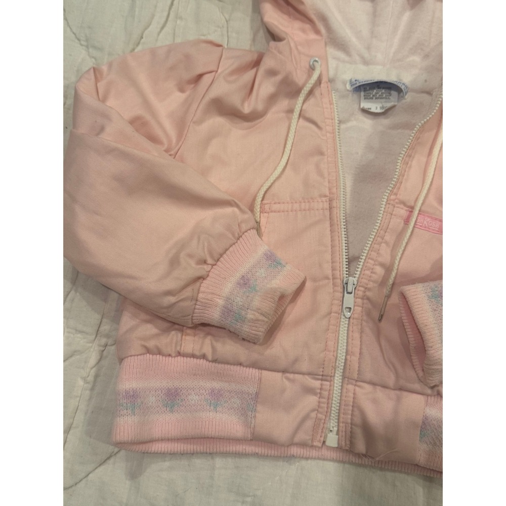 Vintage OshKosh Bgosh Pink Hooded Bomber Jacket Floral Trim Girls Size 3 Toddler - Picture 5 of 8